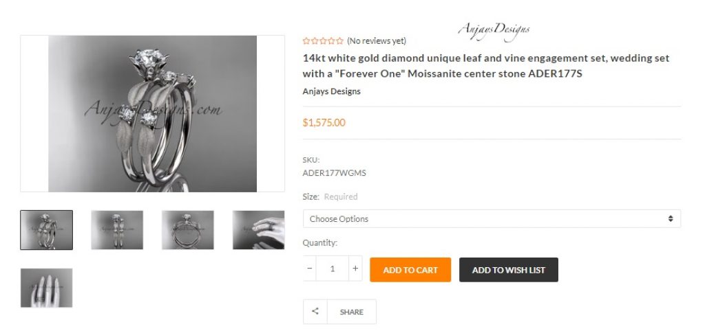 leaf and vine - nature inspired moissanite engagement ring and bridal set by Anjays Designs